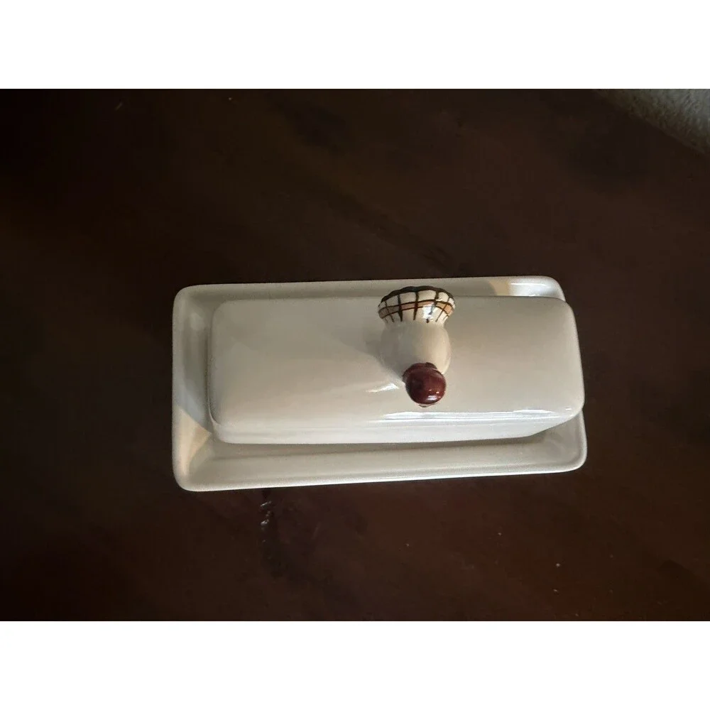 POTTERY BARN CERAMIC GOBBLE COVERED BUTTER DISH WITH TURKEY KNOB EUC